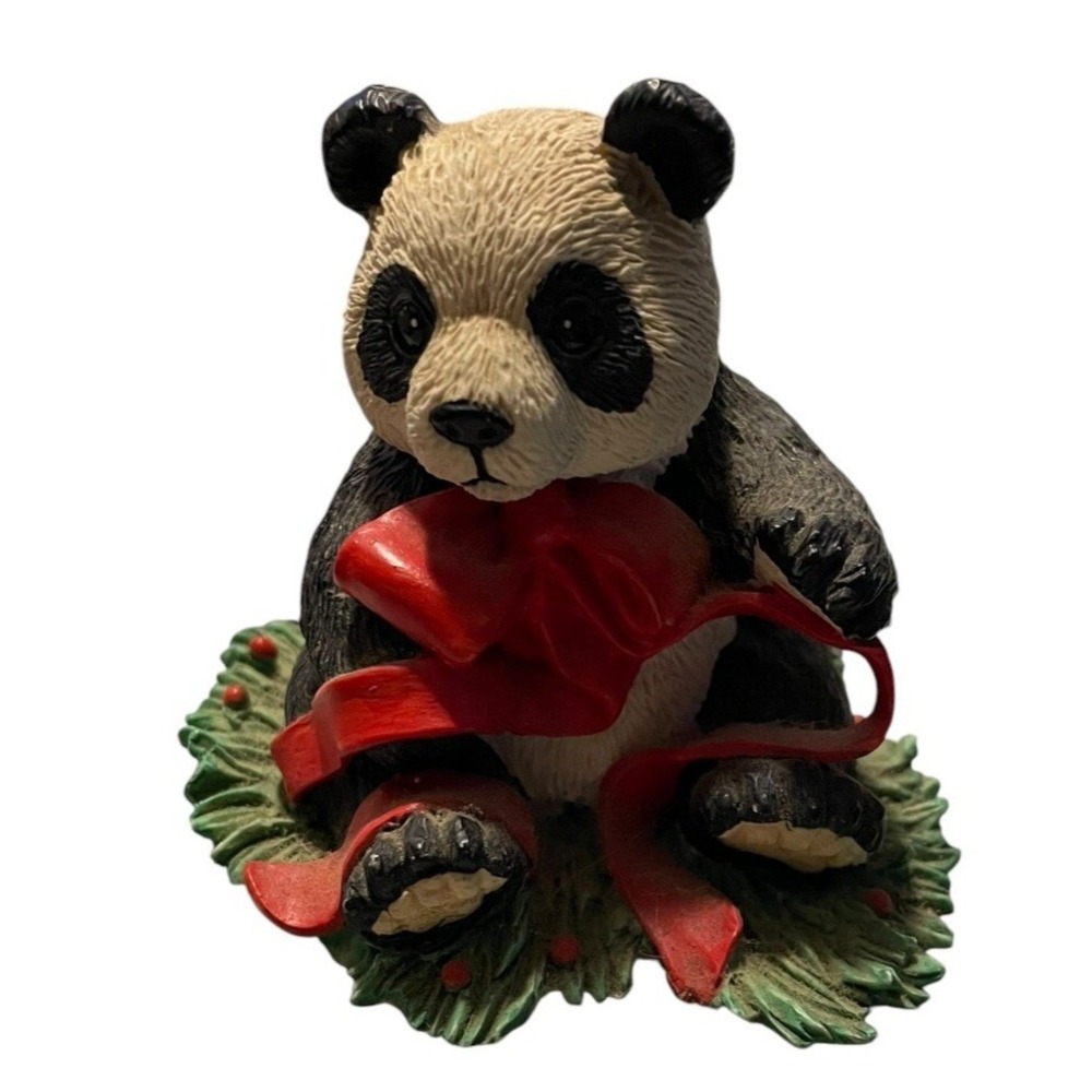 Silver Deer Panda Figurine Christmas Animals Tom Rubel Red Bow Collectible Decor